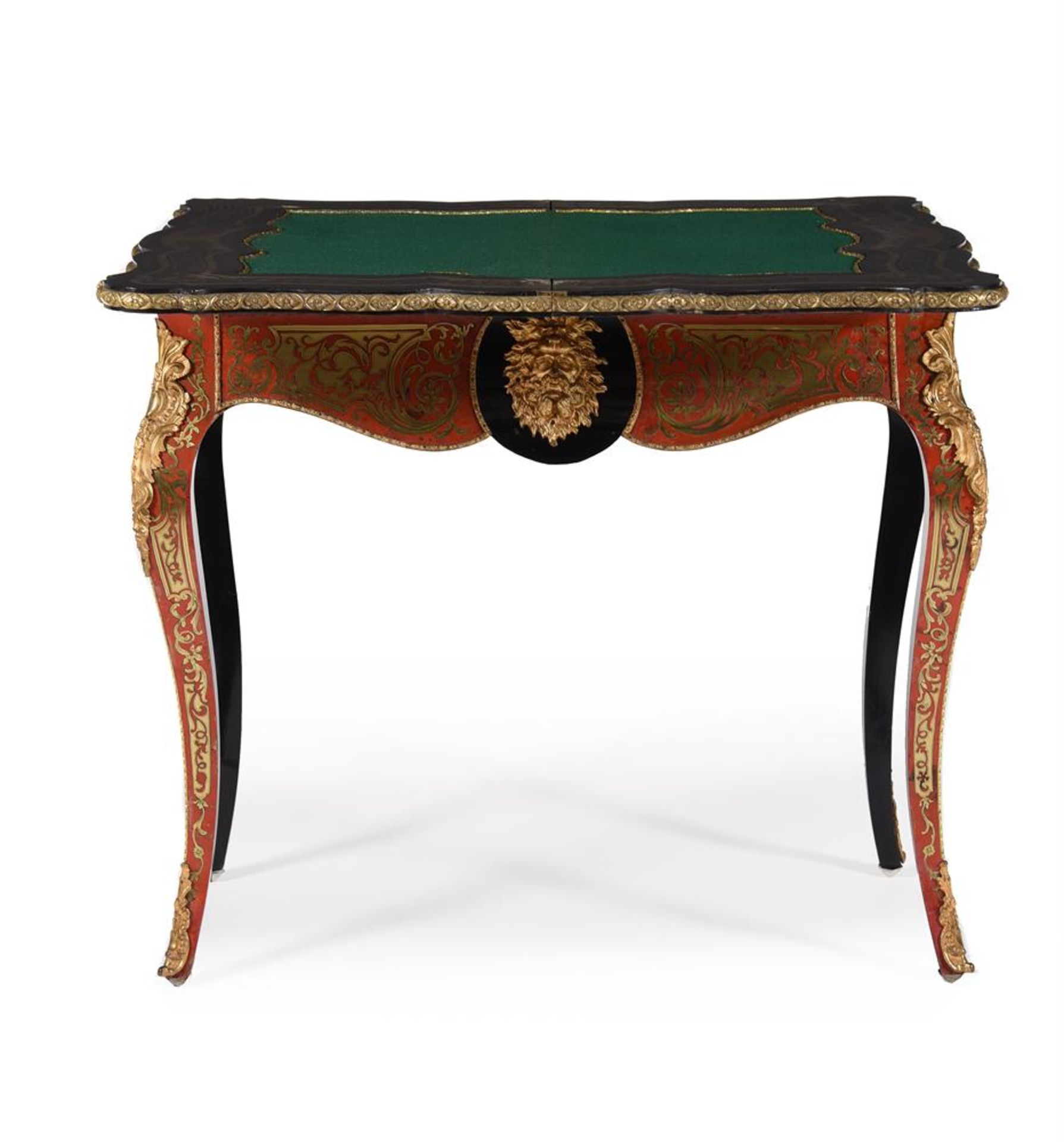 Y A PAIR OF NAPOLEON III SCARLET TORTOISESHELL & BRASS MARQUETRY CARD TABLES - Image 8 of 9