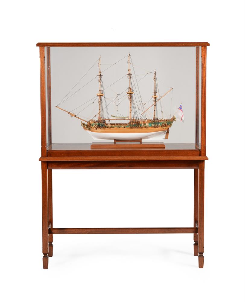 A MAHOGANY CASED MODEL OF HMY ROYAL CAROLINE ON STAND, IN GEORGE III STYLE, CONTEMPORARY