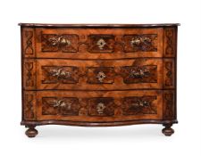 AN AUSTRIAN WALNUT AND MARQUETRY SERPENTINE COMMODE, MID 18TH CENTURY