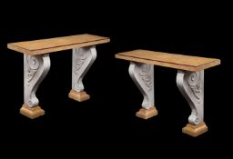 A PAIR OF ITALIAN WHITE MARBLE AND SIENA MARBLE CONSOLE TABLES, AFTER THE ANTIQUE