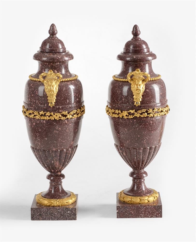 A PAIR OF FRENCH PORPHYRY AND ORMOLU MOUNTED LIDDED VASES, IN NEOCLASSICAL STYLE - Image 5 of 8