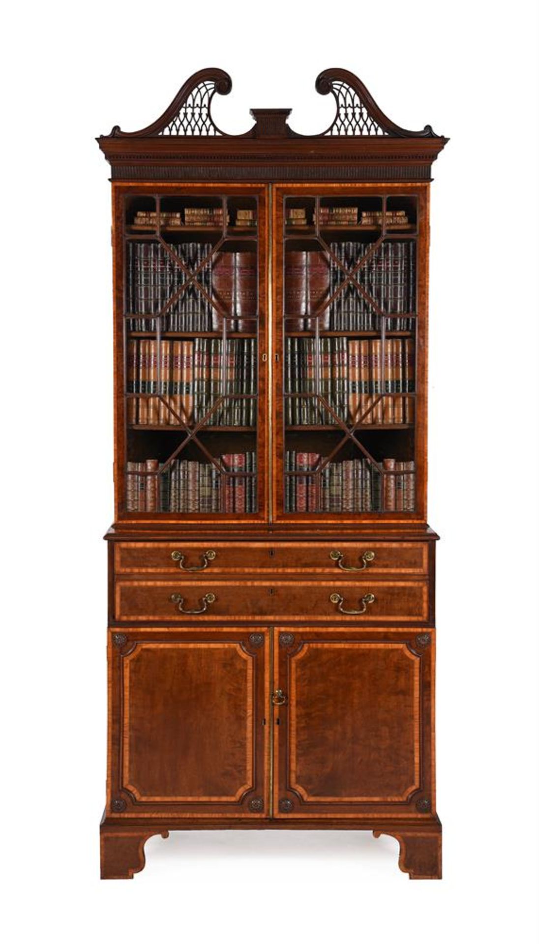 Y A GEORGE III MAHOGANY AND SATINWOOD BANDED SECRETAIRE BOOKCASE, CIRCA 1790