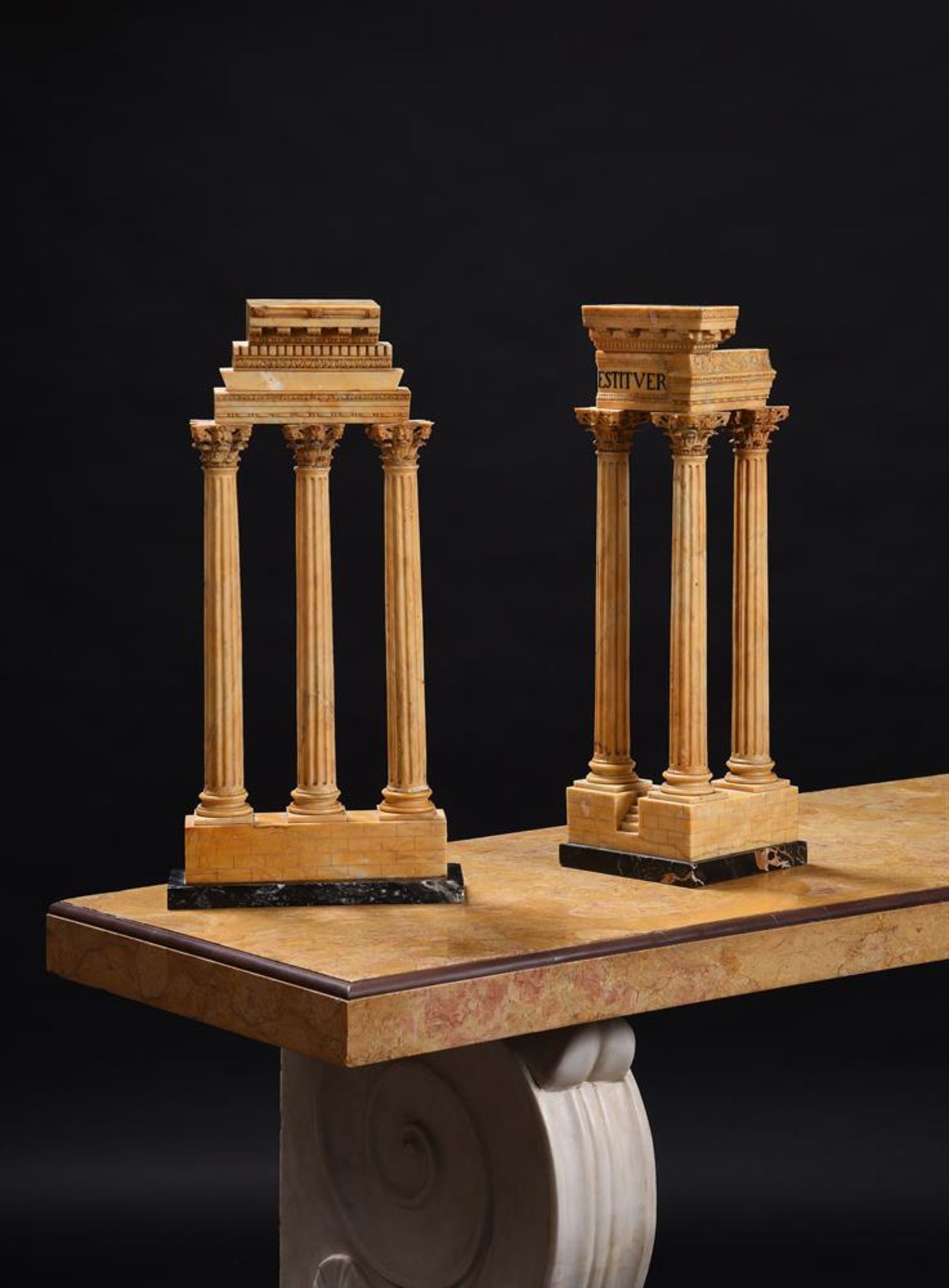 TWO GIALLO ANTICO MODELS OF THE TEMPLES OF VESPASIAN AND CASTOR AND POLLUX, ROME, 19TH CENTURY