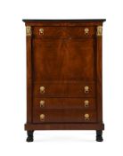 AN EMPIRE MAHOGANY, GILT METAL MOUNTED AND MARBLE TOPPED SECRETAIRE ABBATTANT AND COMMODE EN SUITE