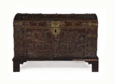 A GEORGE II LEATHER AND BRASS STUDDED CHEST ON STAND BY RICHARD LUCAS