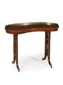 A REGENCY BURR OAK, EBONISED & GILT METAL MOUNTED KIDNEY SHAPED WRITING TABLE, ATTIBUTED TO GILLOWS
