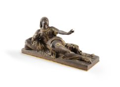 A PARCEL GILT BRONZE FIGURE OF A RECLINING WOMAN WITH STYLUS, FRENCH, LATE 19TH CENTURY