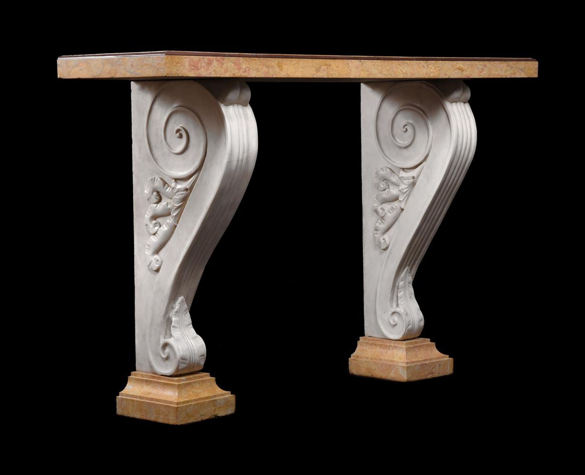 A PAIR OF ITALIAN WHITE MARBLE AND SIENA MARBLE CONSOLE TABLES, AFTER THE ANTIQUE - Image 3 of 4
