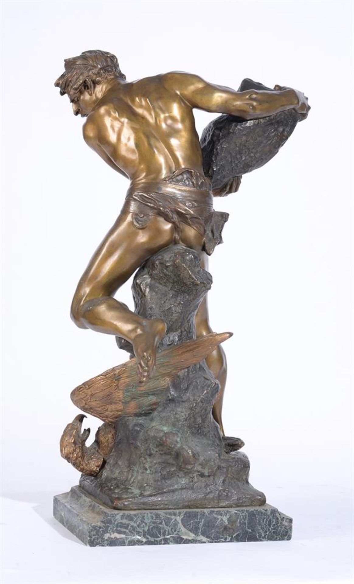 AFTER EDOUARD DROUOT (FRENCH, 1859-1945), A PART GILDED BRONZE FIGURE 'PROMETHEUS AND THE EAGLE' - Image 5 of 7