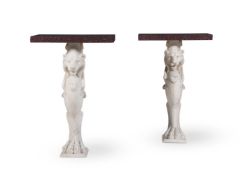 A PAIR OF WHITE MARBLE MONOPODIA CONSOLE TABLES WITH RED PORPHYRY VENEERED TOPS, 20TH CENTURY