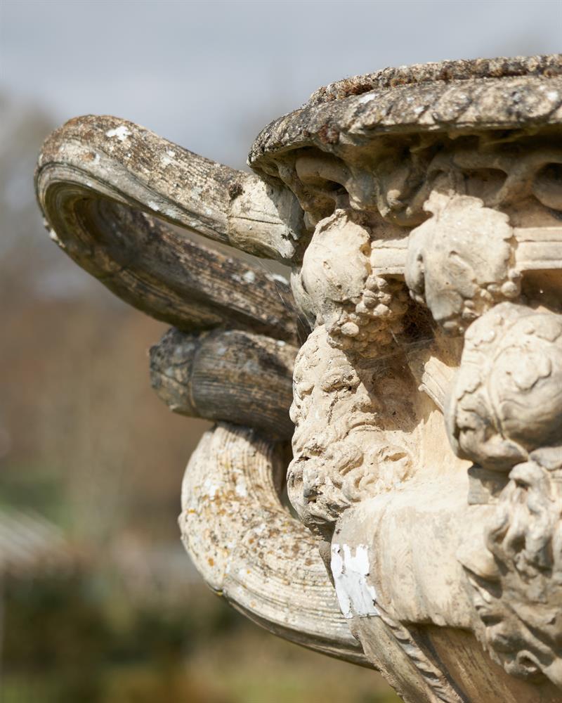 A LARGE CAST STONE WARWICK VASE AND PEDESTAL, IN THE MANNER OF COADE - Image 3 of 3