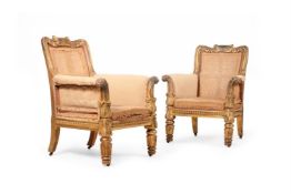 A PAIR OF GEORGE IV GILTWOOD ARMCHAIRS, IN THE MANNER OF MOREL AND SEDDON, CIRCA 1830