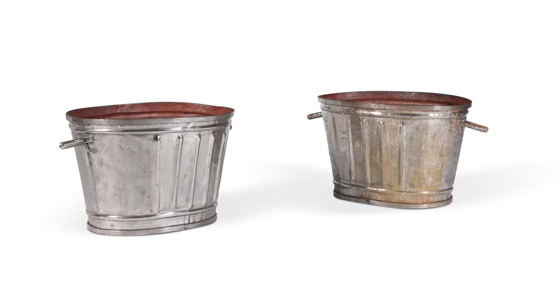 A PAIR OF FRENCH METAL WINE COOLERS OR LOG BINS, 20TH CENTURY