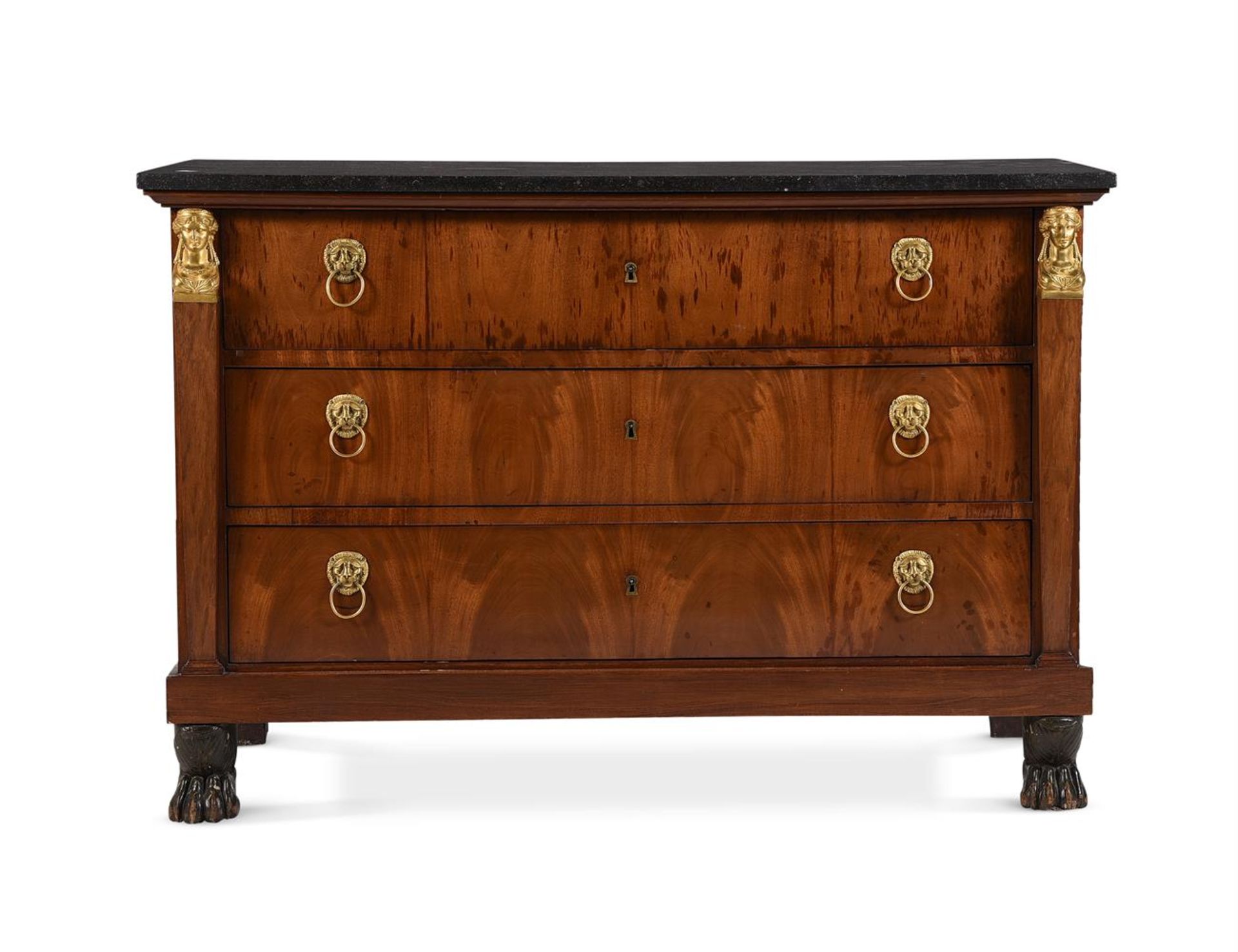 AN EMPIRE MAHOGANY, GILT METAL MOUNTED AND MARBLE TOPPED SECRETAIRE ABBATTANT AND COMMODE EN SUITE - Image 3 of 10