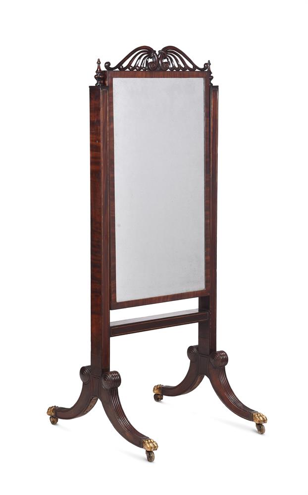 A REGENCY MAHOGANY AND BRASS INLAID CHEVAL MIRROR, EARLY 19TH CENTURY