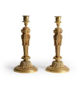 A PAIR OF FRENCH ORMOLU CANDLESTICKS, AFTER A MODEL BY JEAN-DÉMOSTHÈNE DUGOURC, 19TH CENTURY