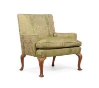 A WALNUT AND UPHOLSTERED ARMCHAIR, IN GEORGE II STYLE, 19TH CENTURY