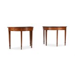 Y A PAIR OF SATINWOOD AND MARQUETRY SEMI-ELLIPTICAL SIDE TABLES, IN GEORGE III STYLE