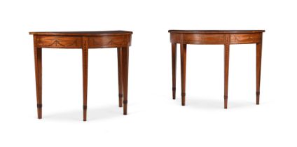 Y A PAIR OF SATINWOOD AND MARQUETRY SEMI-ELLIPTICAL SIDE TABLES, IN GEORGE III STYLE
