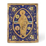 A SMALL LIMOGES COPPER-GILT AND ENAMELLED PANEL, POSSIBLY 13-14TH CENTURY