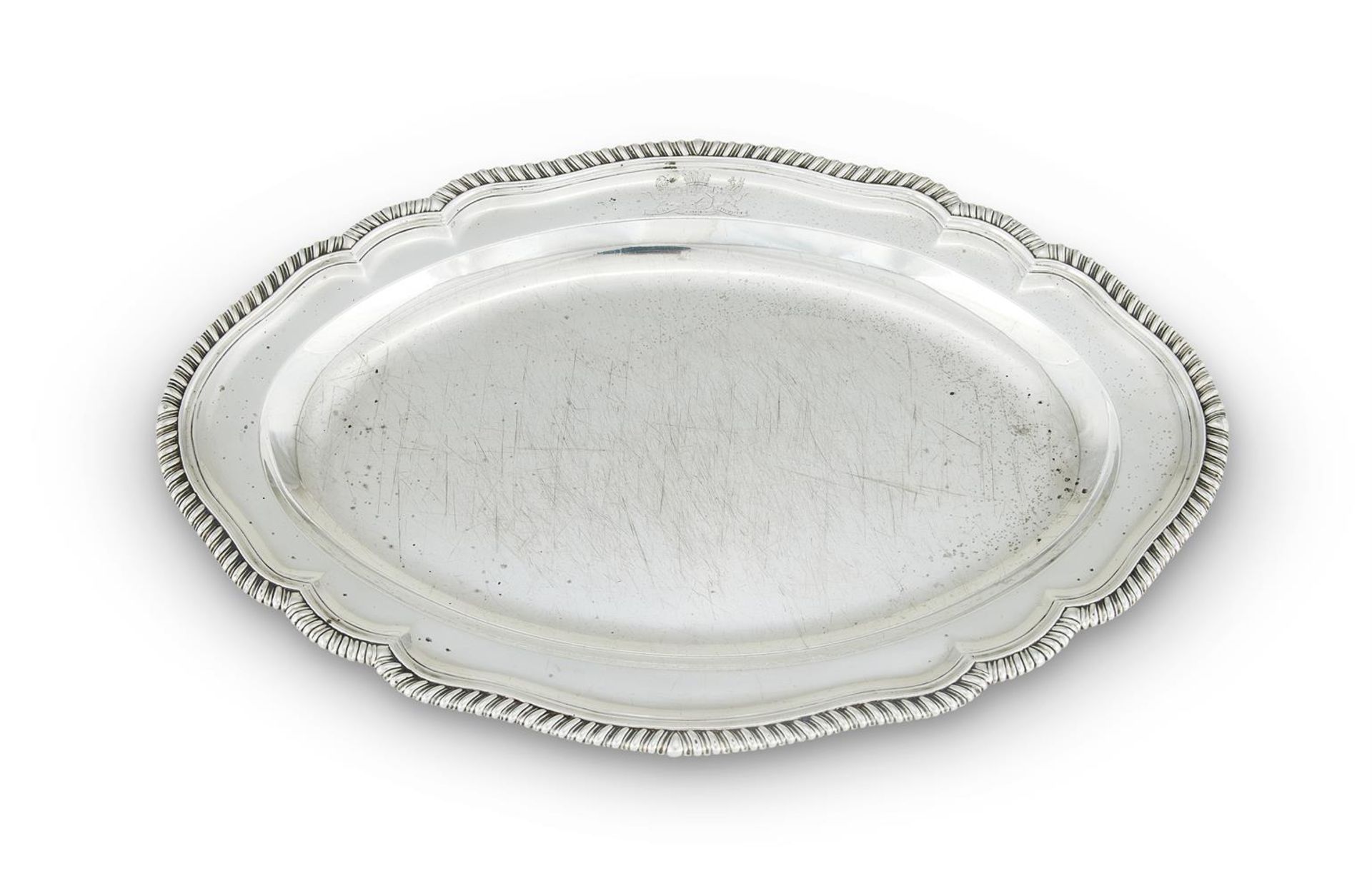 A GEORGE III SILVER SHAPED OVAL MEAT DISH