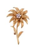 TIFFANY & CO., A DIAMOND AND CULTURED PEARL FLOWER BROOCH