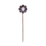 AN ANTIQUE AND LATER SAPPHIRE, PEARL AND DIAMOND FLOWER HEAD STICK PIN