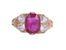 A VICTORIAN DIAMOND AND RUBY SEVEN STONE RING, BURMA, NO HEAT, DATED 1869