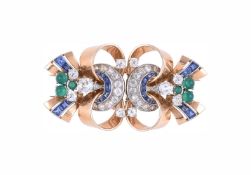 A FRENCH 1940S DIAMOND, SAPPHIRE AND CHRYSOPRASE DOUBLE CLIP BROOCH