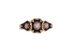 A VICTORIAN HALF PEARL AND BLACK ENAMEL MOURNING RING LONDON 1845