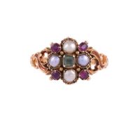 A 15 CARAT GOLD VICTORIAN RUBY, EMERALD AND HALF PEARL CLUSTER RING BIRMINGHAM 1893