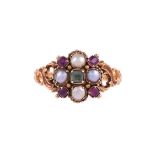 A 15 CARAT GOLD VICTORIAN RUBY, EMERALD AND HALF PEARL CLUSTER RING BIRMINGHAM 1893