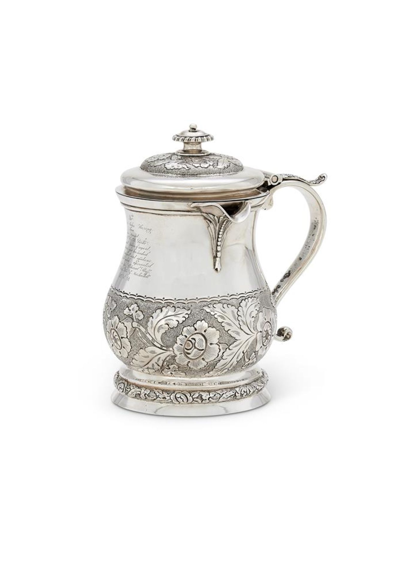 AN INDIAN COLONIAL SILVER BALUSTER LIDDED TANKARD