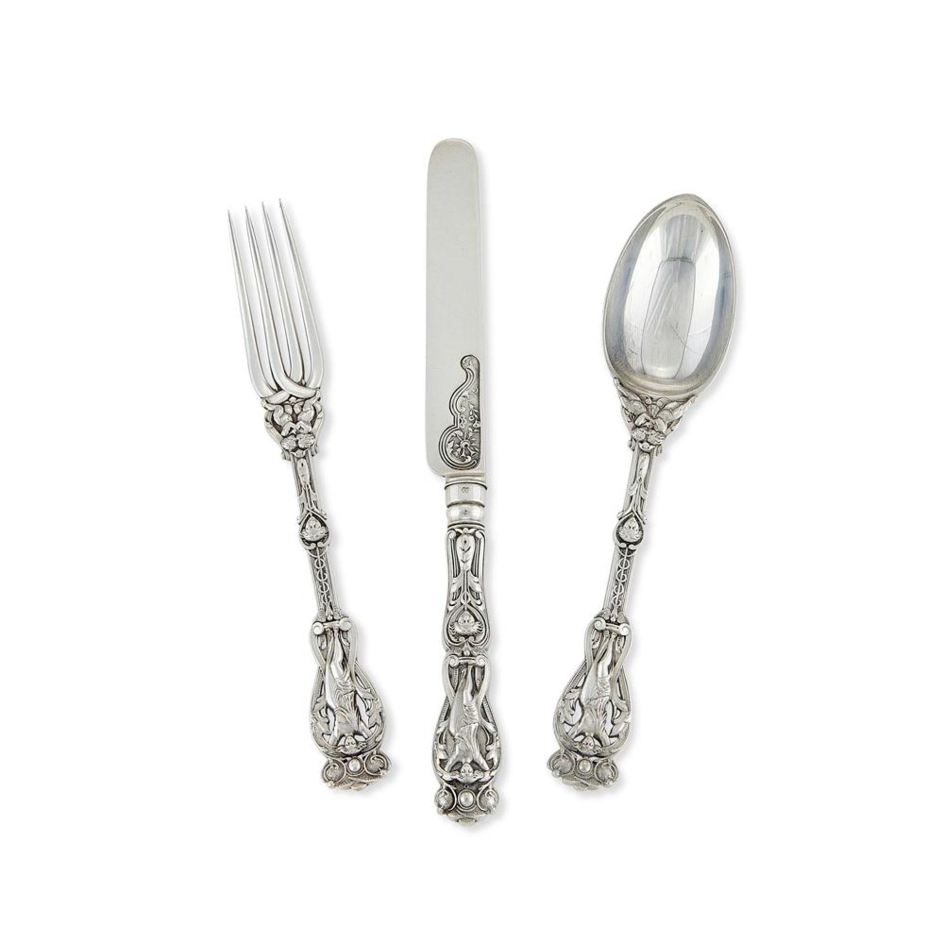 A VICTORIAN CASED SILVER RICH FIGURE PATTERN DESSERT SERVICE FOR TWELVE PLACE SETTINGS