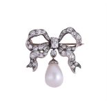 A VICTORIAN DIAMOND BOW BROOCH WITH ASSOCIATED NATURAL PEARL DROP