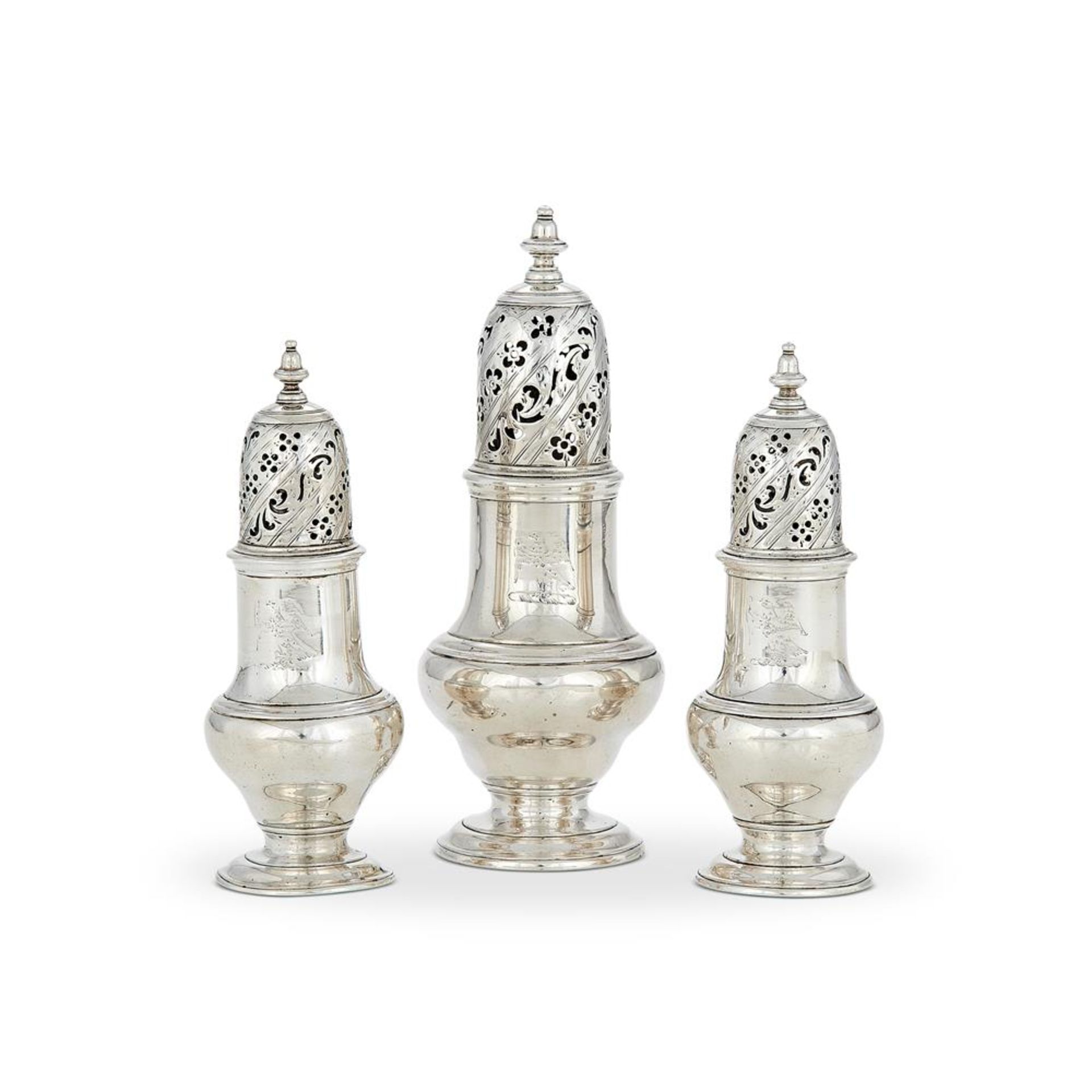 A SET OF THREE GEORGE II SILVER BALUSTER CASTERS