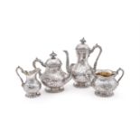 Y A CASED VICTORIAN SILVER FOUR PIECE BALUSTER TEA AND COFFEE SERVICE