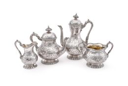 Y A CASED VICTORIAN SILVER FOUR PIECE BALUSTER TEA AND COFFEE SERVICE