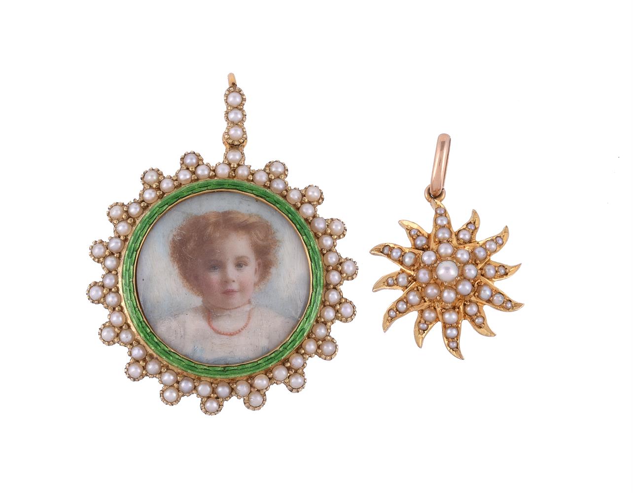 AN EDWARDIAN HALF SEED PEARL AND ENAMELLED MINIATURE LOCKET PENDANT AND AN...