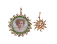 AN EDWARDIAN HALF SEED PEARL AND ENAMELLED MINIATURE LOCKET PENDANT AND AN EDWARDIAN SEED PEARL STAR