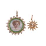 AN EDWARDIAN HALF SEED PEARL AND ENAMELLED MINIATURE LOCKET PENDANT AND AN EDWARDIAN SEED PEARL STAR