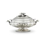 AN ITALIAN SILVER COLOURED LOBED OVAL TUREEN WITH AN ASSOCIATED COVER