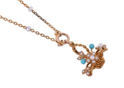 AN EDWARDIAN PEARL AND TURQUOISE GIARDINETTO PENDANT ON CHAIN CIRCA 1910