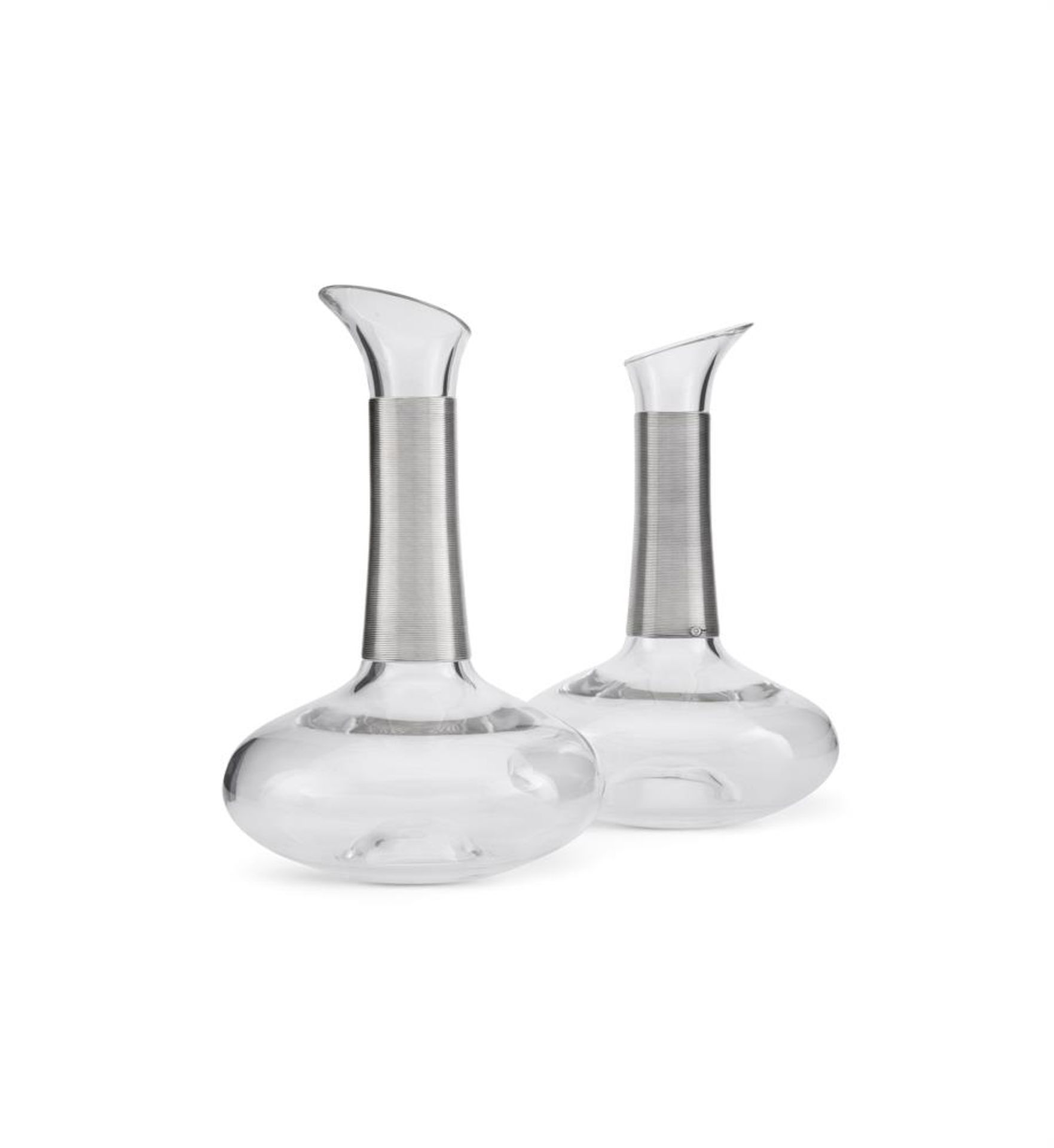 A PAIR OF DANISH SILVER MOUNTED GLASS CARAFES, HENNING KOPPEL FOR GEORG JENSEN