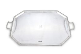 A SILVER TWIN HANDLED CANTED RECTANGULAR TRAY