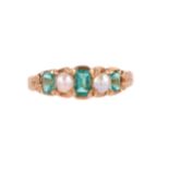 A VICTORIAN EMERALD, HALF PEARL AND CULTURED PEARL RING CIRCA 1890