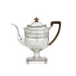 A GEORGE III SILVER OBLONG PEDESTAL TEA POT