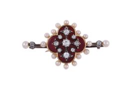 AN EDWARDIAN AND LATER DIAMOND, CULTURED PEARL AND ENAMEL BROOCH