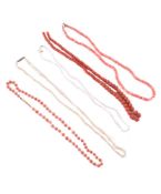 Y A SMALL COLLECTION OF CORAL, SEED PEARL AND CULTURED FRESHWATER PEARL NECKLACES