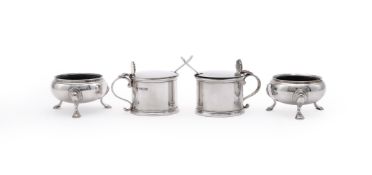A PAIR OF SILVER CAULDRON SALTS AND A PAIR OF DRUM MUSTARD POTS